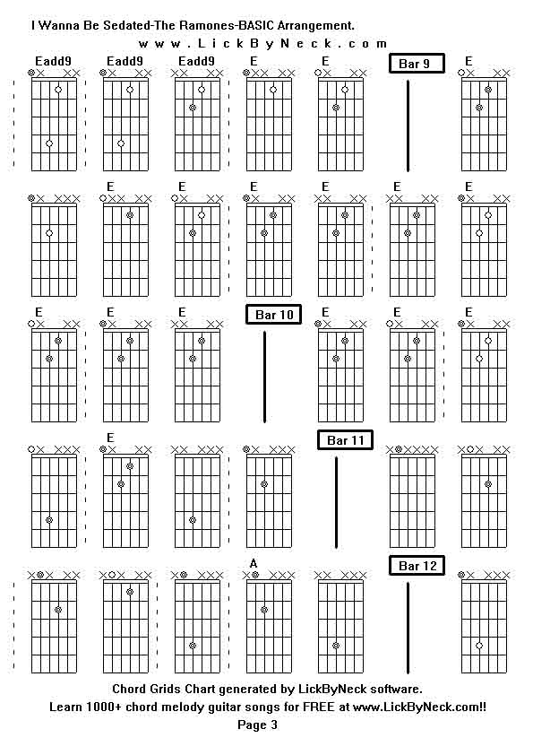 Chord Grids Chart of chord melody fingerstyle guitar song-I Wanna Be Sedated-The Ramones-BASIC Arrangement,generated by LickByNeck software.